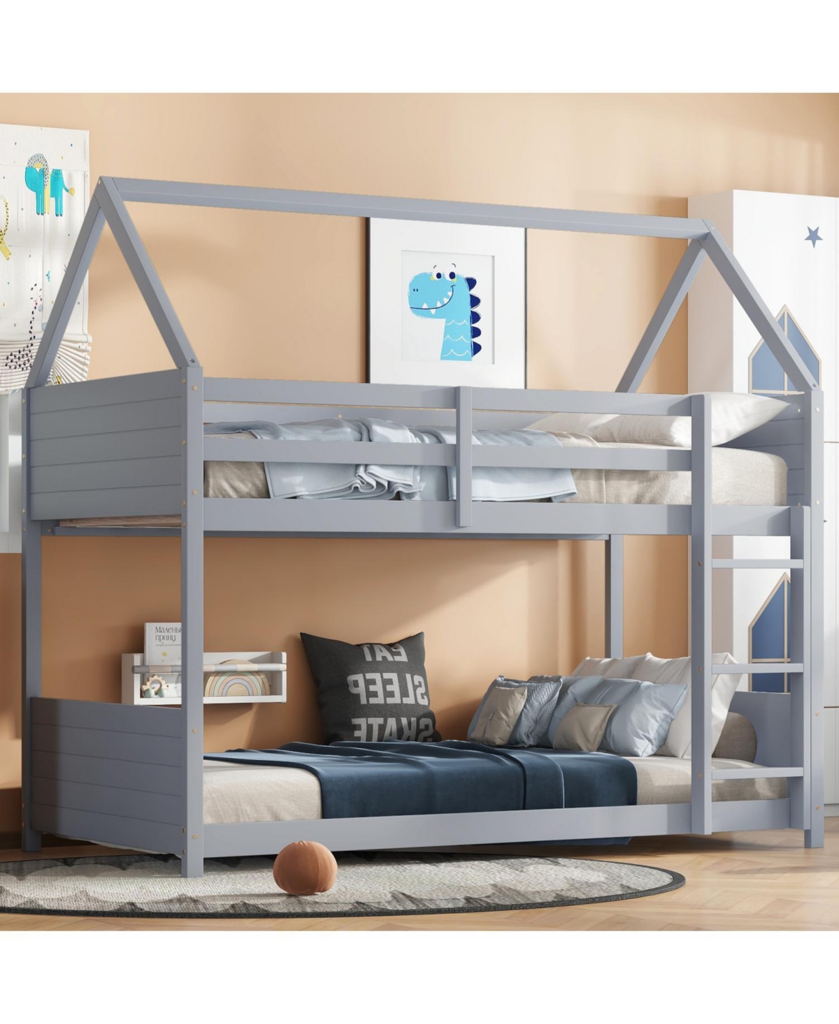 Streamdale Furniture House Bunk Bed with Headboards, Footboards, Ladder, Guardrails