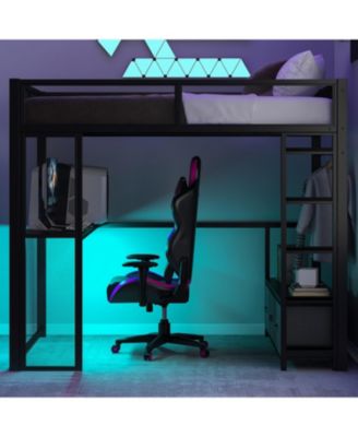 Full Size Metal Gaming Loft Bed with LED, Desk, Open Wardrobe and 3 Linen Storage Drawers