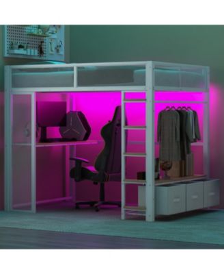 Full Size Metal Gaming Loft Bed with LED, Desk, Open Wardrobe and 3 Linen Storage Drawers