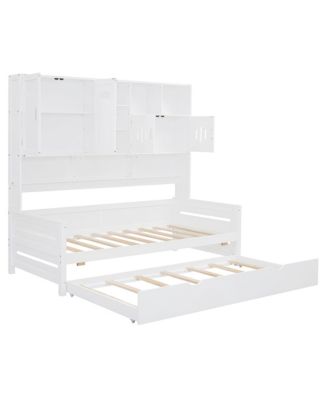 Twin Size Wooden Daybed with Trundle and Storage Cabinet & Shelf