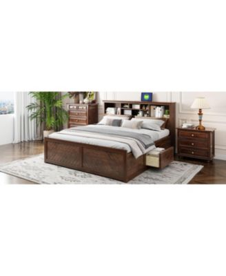 Wood Platform Bed with Multi-storage Headboard, USB and Drawers