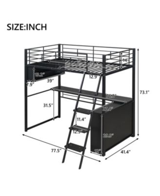 Metal Loft Bed with LED, Desk and 4 Storage Shelves,