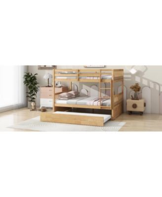 Rubber Wood Full/Full Bunk Bed with Trundle and Guardrails, Convertible to 2 Beds