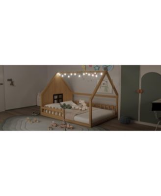 Full Size Wood House Bed with Window and Fence.