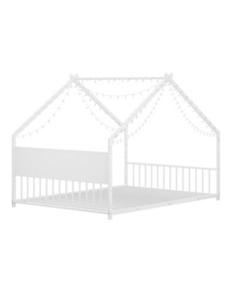  Kids House Bed with Roof and Lights, Metal Frame