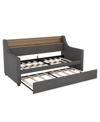 Twin Size Daybed with Trundle Bed, Upholstered Daybed with Charging Station and LED Lights