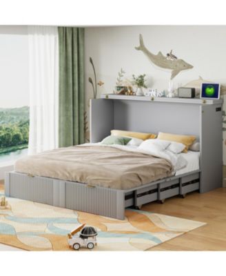 Queen Size Murphy Bed with drawer and a set of Sockets & USB Ports, Pulley Structure Design, Gray