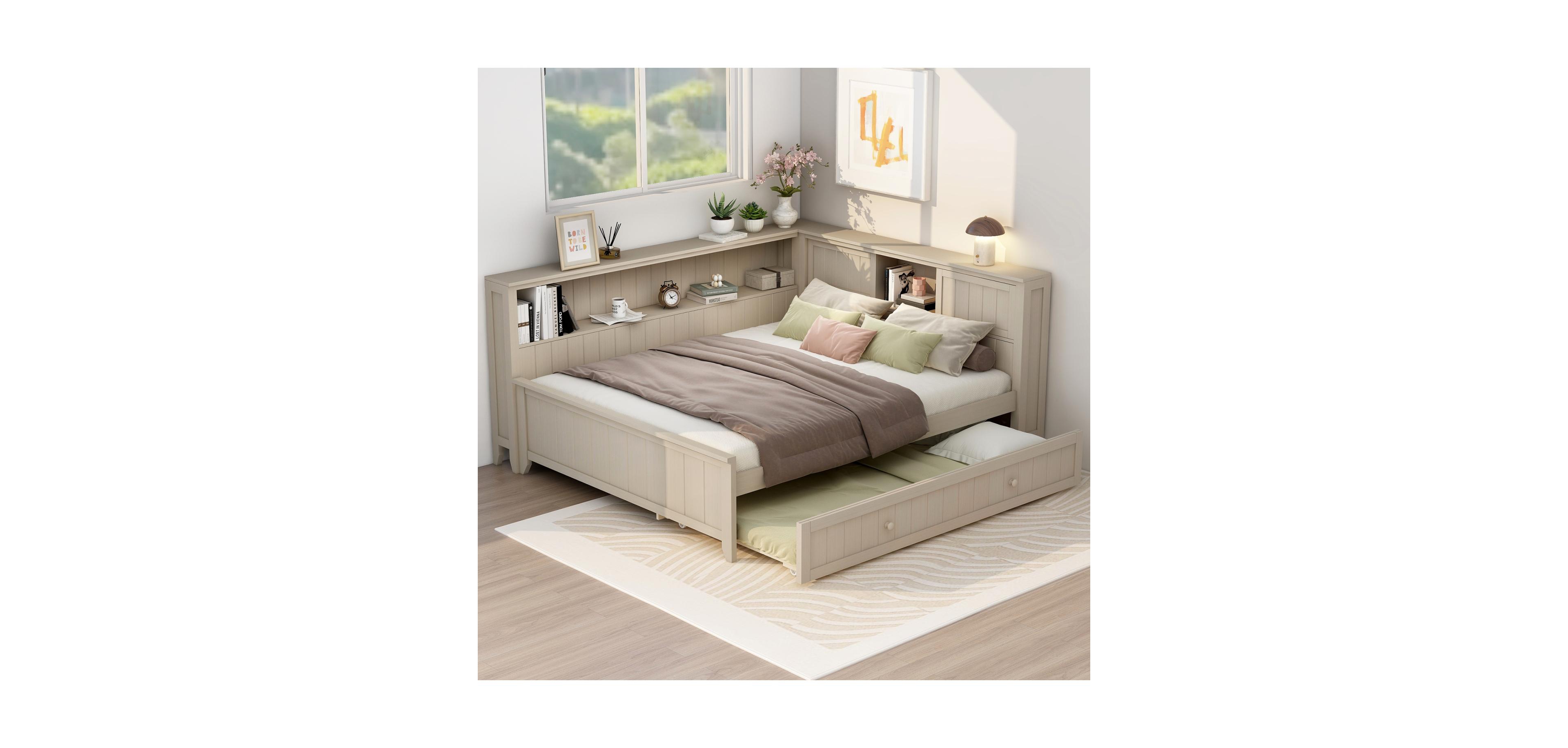 Streamdale Furniture Full Size Wood Daybed with Storage Shelves and Trundle