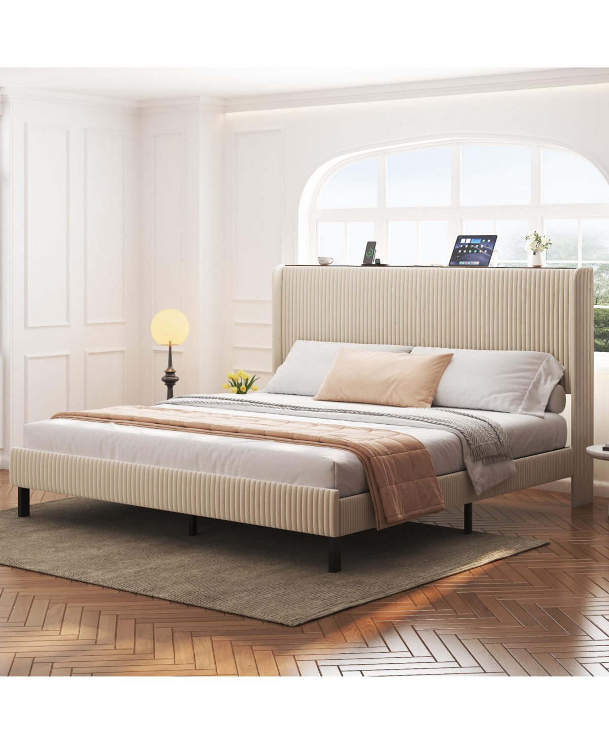 Streamdale Furniture King Beige Platform Bed with Charging Station
