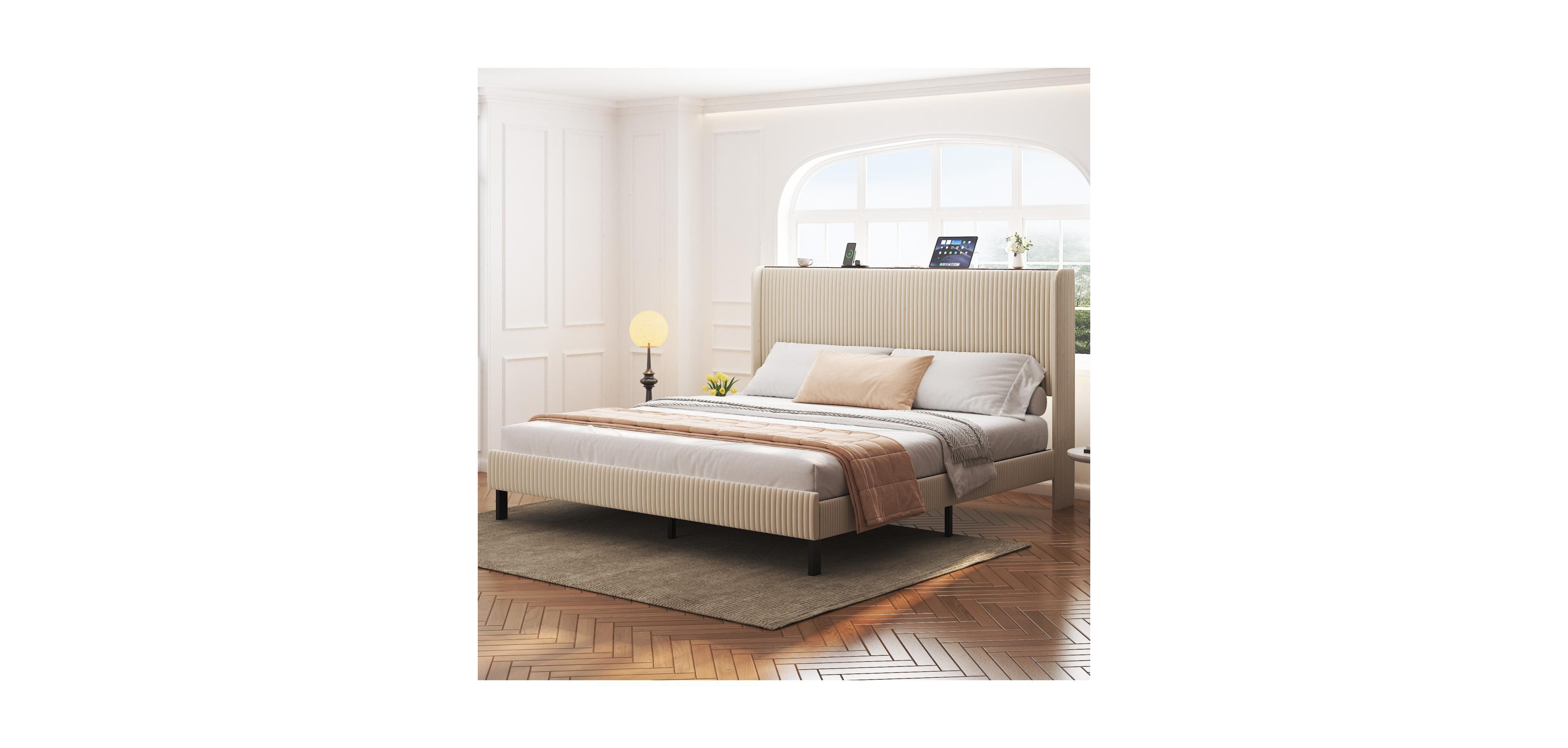 Streamdale Furniture King Beige Platform Bed with Charging Station