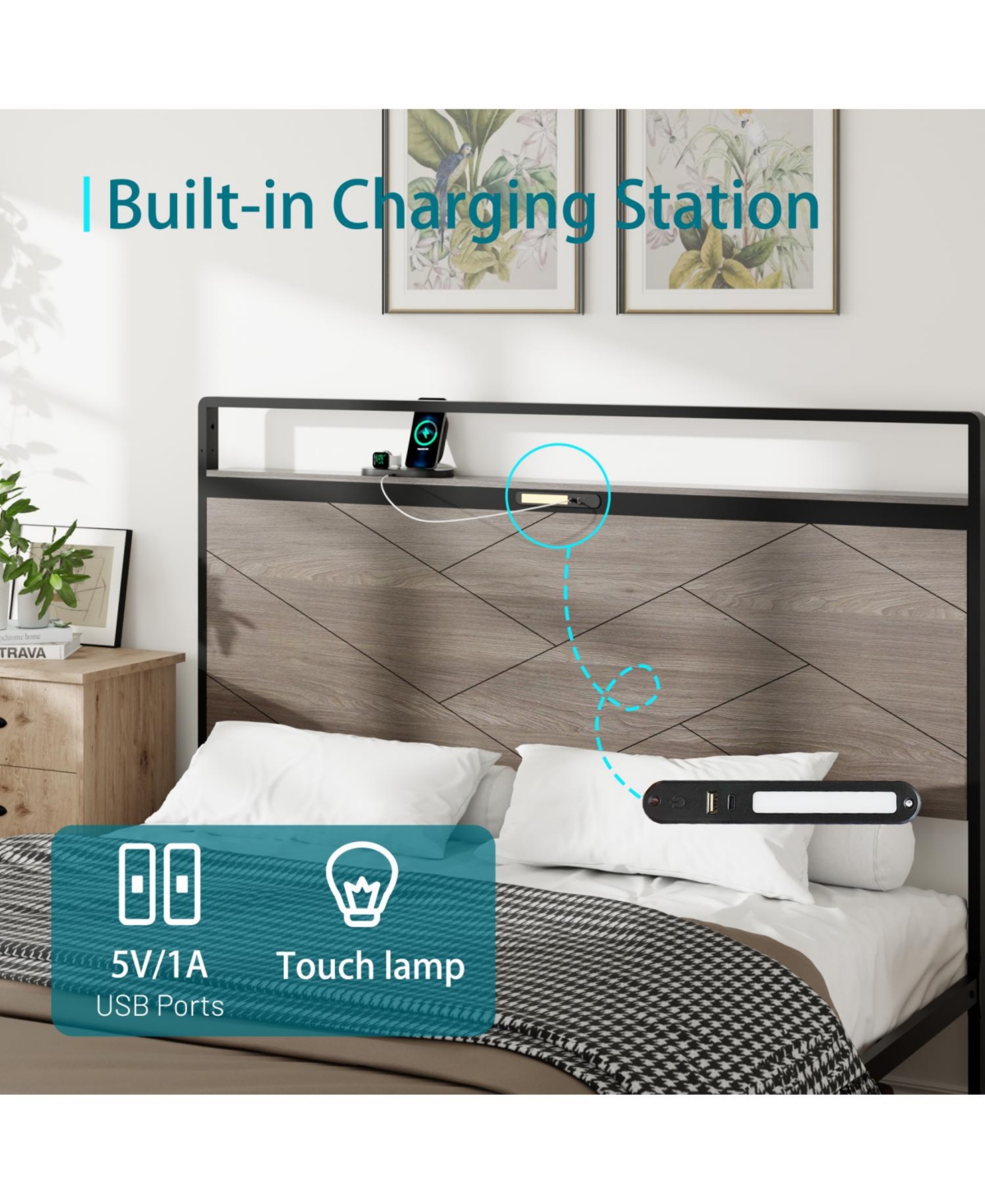 Streamdale Furniture + King + Wooden + Led, Usb, Storage + Bed Frame