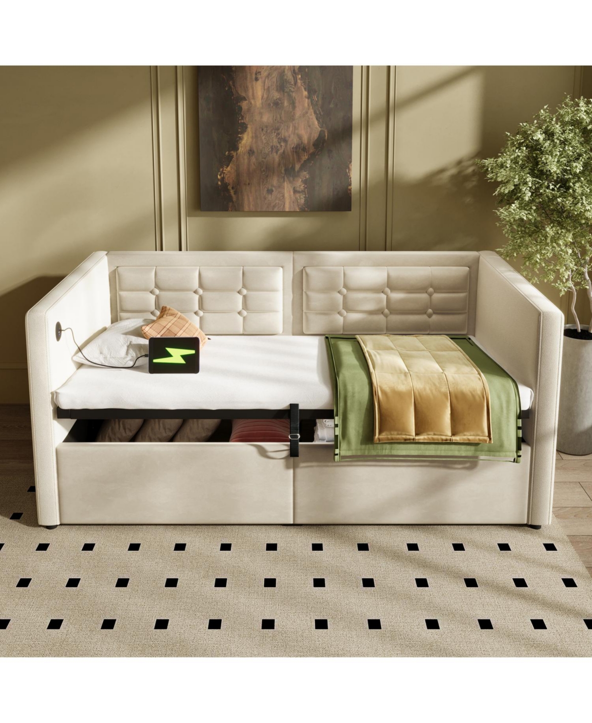 Streamdale Furniture Upholstered Twin Daybed with Hydraulic Storage, Usb Charging, Tufted Back, Beige Velvet