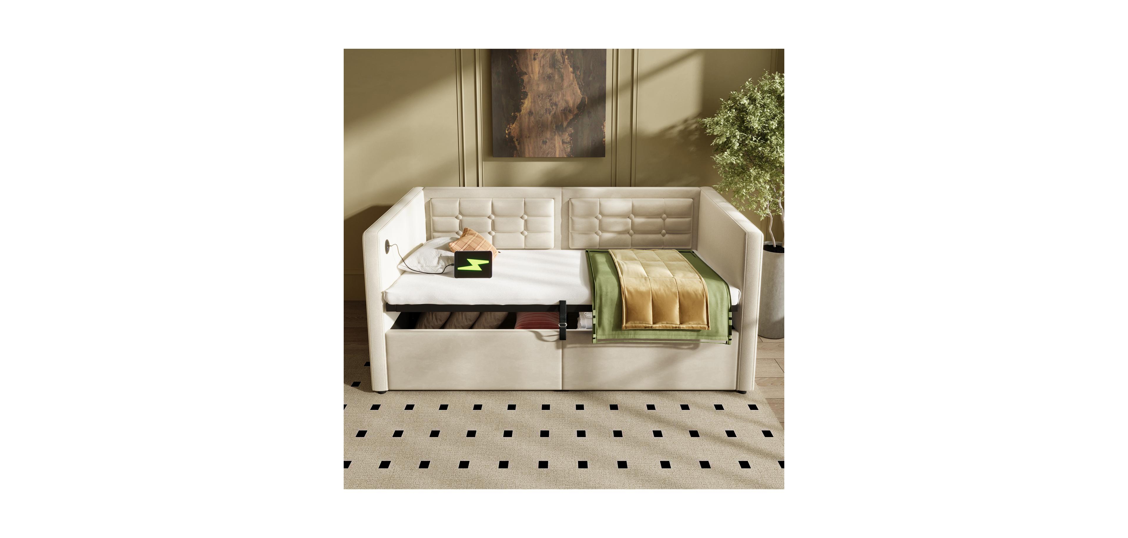Streamdale Furniture Upholstered Twin Daybed with Hydraulic Storage, Usb Charging, Tufted Back, Beige Velvet