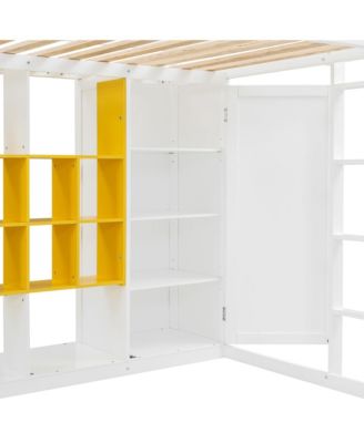 Full Size Wood Loft Bed with Wardrobe, shelves and Cabinet