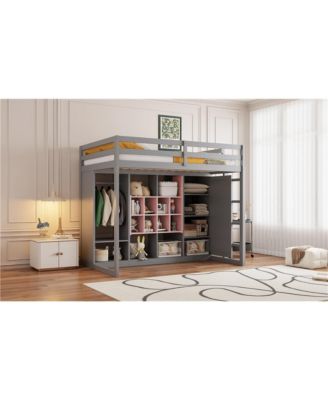 Twin Size Wood Loft Bed with Wardrobe, shelves and Cabinet