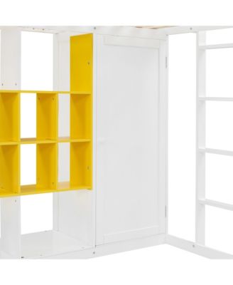 Twin Size Wood Loft Bed with Wardrobe, shelves and Cabinet