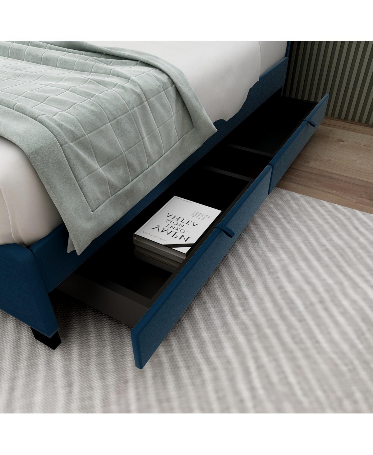 Streamdale Furniture Queen Velvet Bed with Trundle & Storage - Blue
