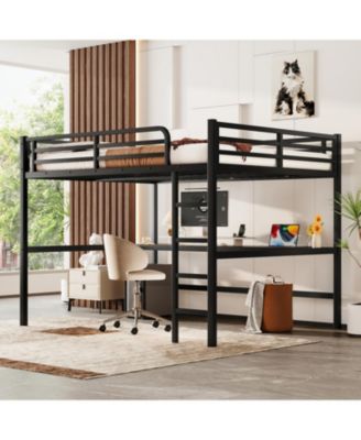  Metal Queen Loft Bed w/ Outlet & LED Light