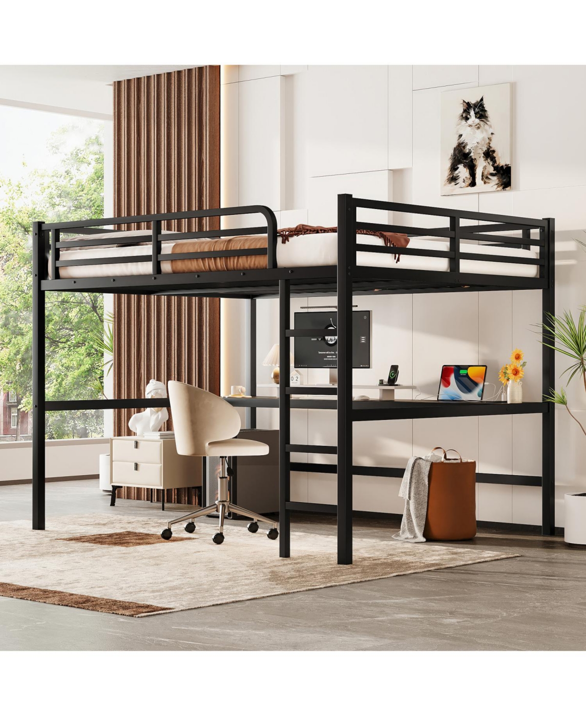 Streamdale Furniture Metal Queen Loft Bed w/ Outlet & Led Light