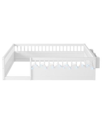 Montessori Floor Bed Frame, High Rails, Light & Shelf, White