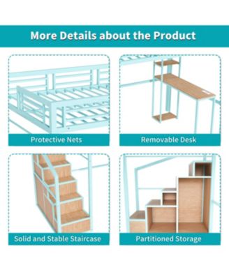 Loft Bed w/Desk & Storage - Metal Frame, Staircase, USB & Outlet