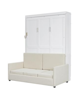 Full Size Murphy Bed Wall Bed with Cushion, White