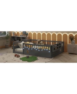 Twin Size  Wood  Rails, Light & Shelf  Floor Bed Frame