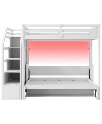 Full XL Loft Bed w/ Storage Stairs & Full Murphy Bed, LED