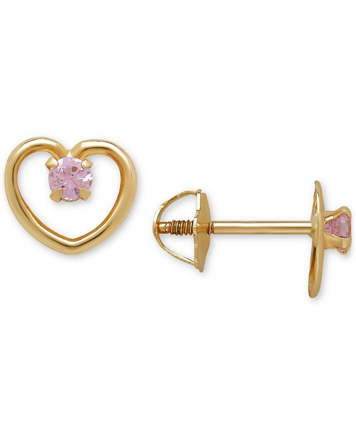 Delicate 14K Yellow Gold Heart with Round cubic zirconia Screwback Stud Earrings Girl Jewelry Gift