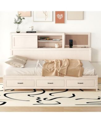 White Wooden Daybed with 3 Storage Drawers, Shelf & USB Ports