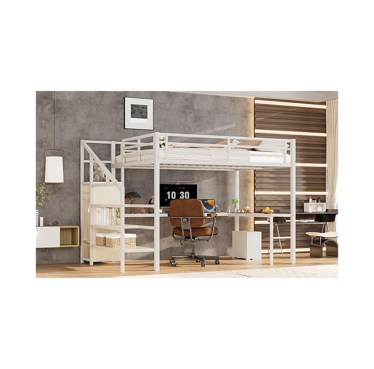 Streamdale Furniture Queen Loft Bed with Desk, Wardrobe, Shelf & Led
