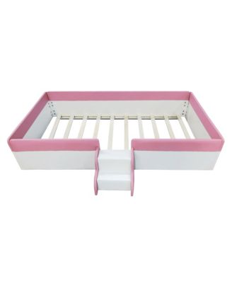Twin Size Upholstered Daybed Frame with Fence and Stairs, (PINK+WHITE