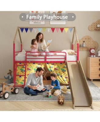 Jack Metal Twin Loft Bed w/ Slide & Curtain - Super Hero Gold/Red