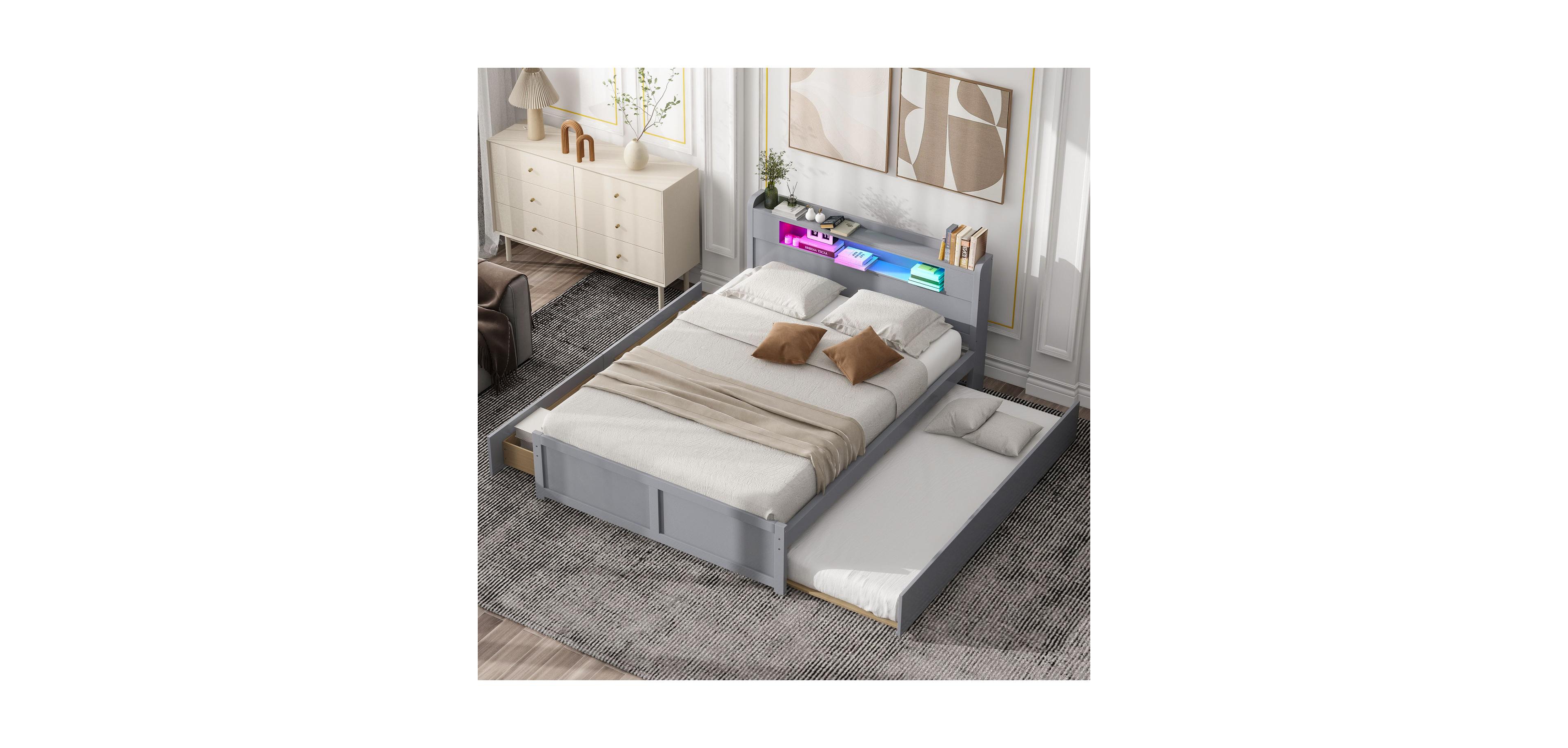Streamdale Furniture Queen Wood Platform Bed- Led, 2 Drawers & Trundle.