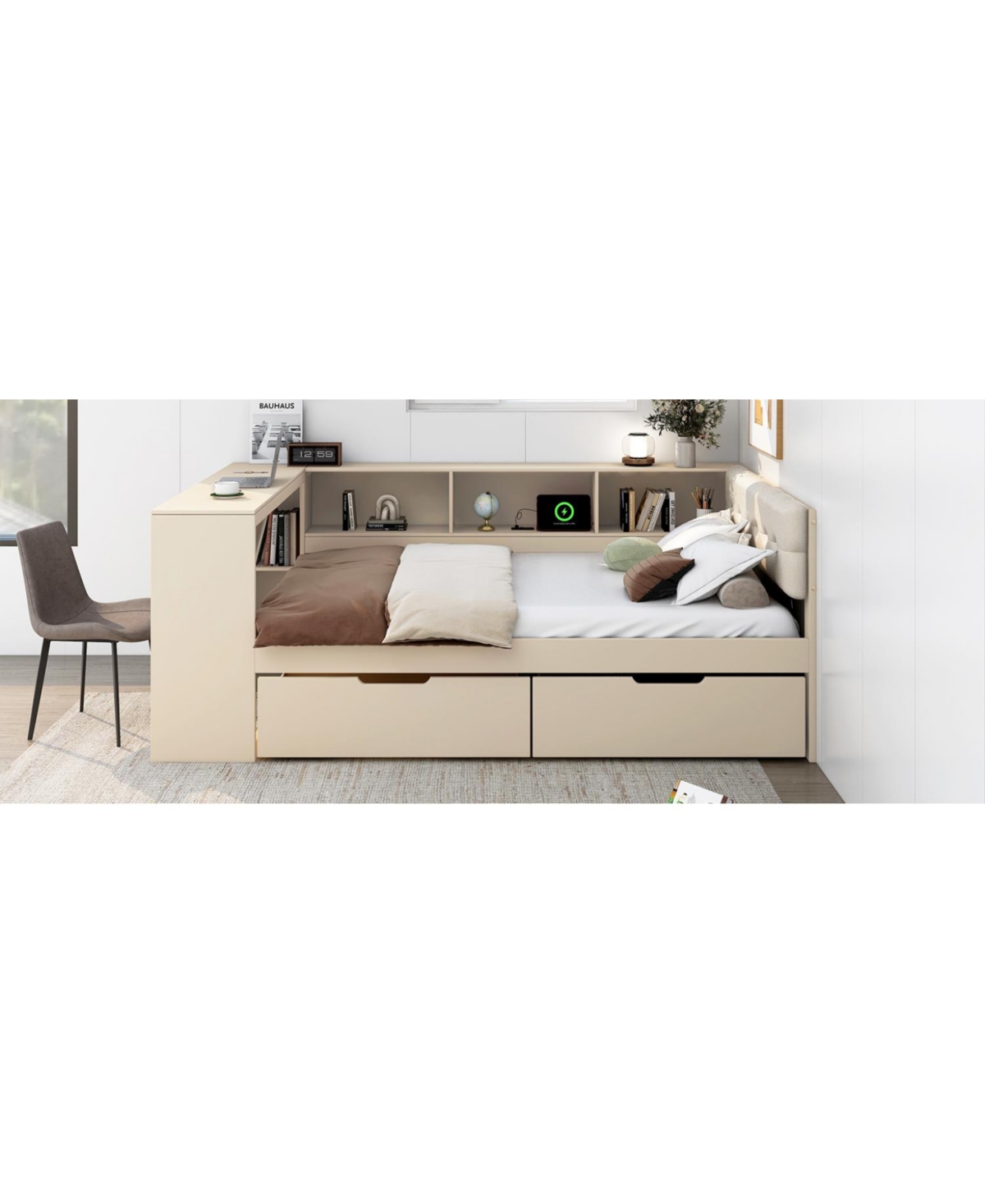 Streamdale Furniture Full Platform Bed with Storage, Charging Station, Cream