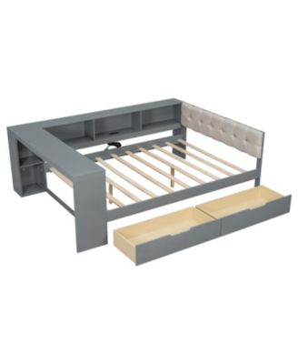 Wood Full Platform Bed with Storage & Charging