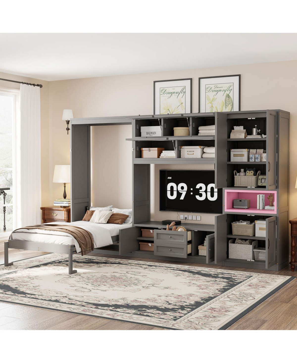 Streamdale Furniture Twin Gray Wooden Murphy Bed with Tv Stand, Drawers & Shelves