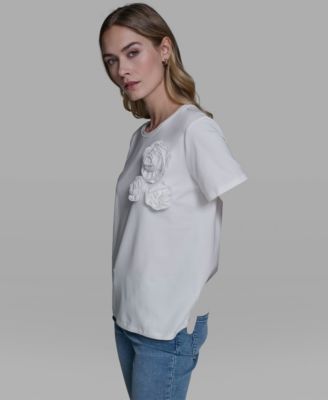 Women's Rose Trim Knit Crew Neck Top