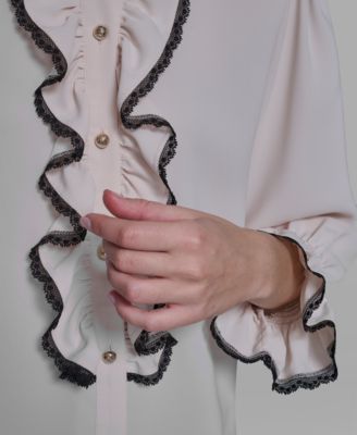 Women's Ruffle Lace Trim Long-Sleeve Blouse