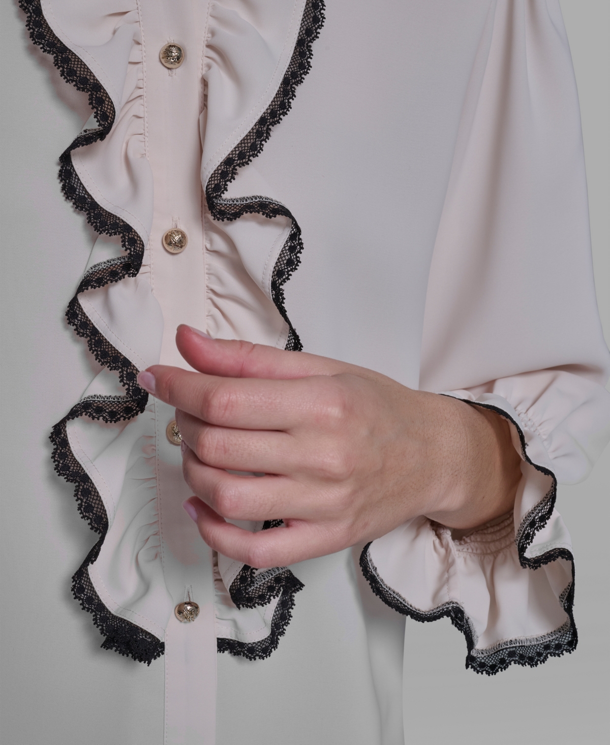 Karl Lagerfeld Paris Women's Ruffle Lace Trim Long-Sleeve Blouse