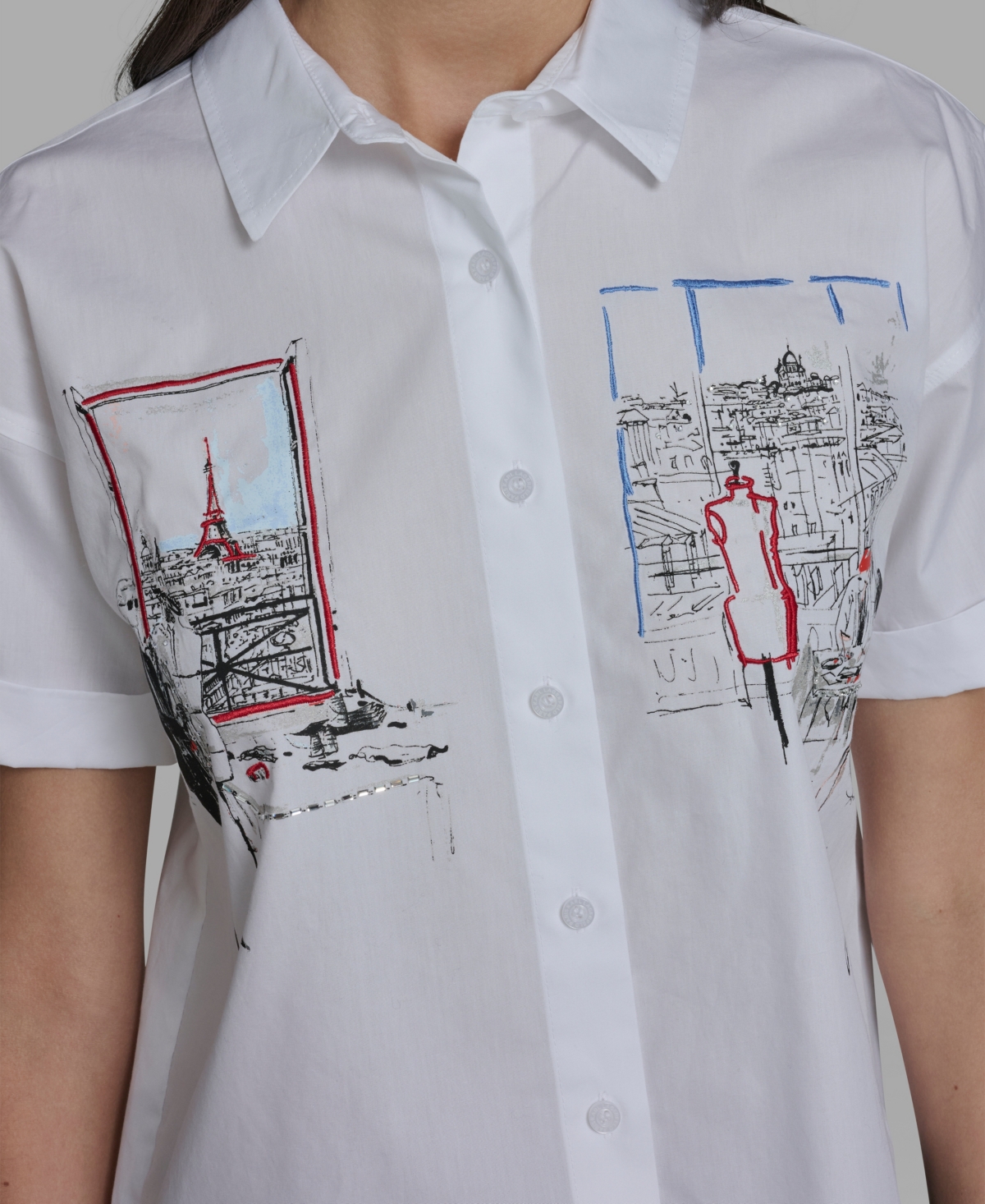 Karl Lagerfeld Paris Women's Cropped City Scene Collared Top