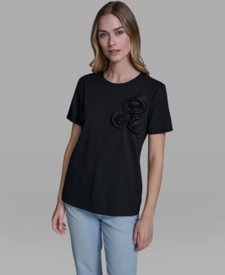 Women's Rose Trim Knit Crew Neck Top