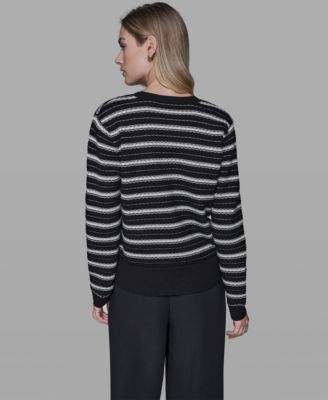 Women's Pointelle Stripe V-Neck Cardigan Sweater