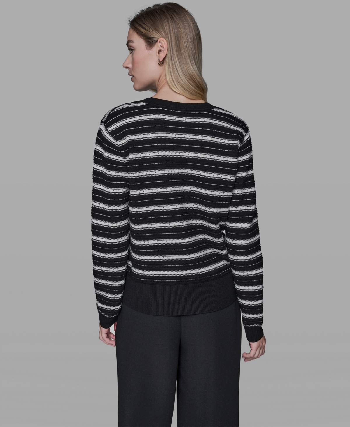 Karl Lagerfeld Paris Women's Pointelle Stripe V-Neck Cardigan Sweater