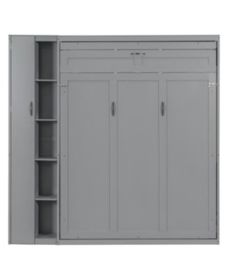  Queen Size Murphy Bed Wall Bed with Shelves, Wardrobe and LED Lights,Gray