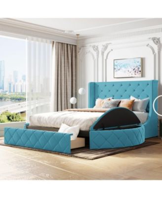  Queen Upholstered Platform Bed w/ Wingback, Drawer & Stools