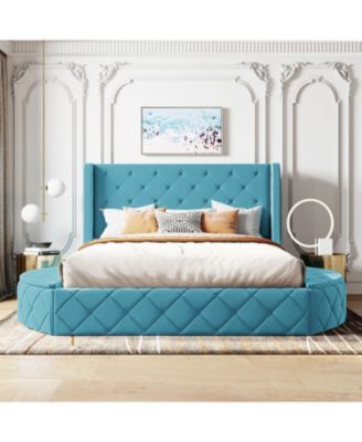  Queen Upholstered Platform Bed w/ Wingback, Drawer & Stools