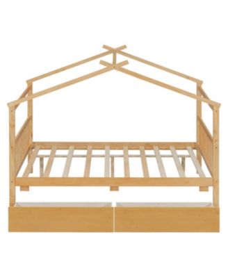 Full Size Wooden House Bed with Drawers, White