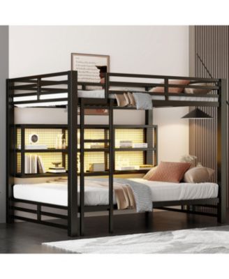 Metal Queen over Queen Bunk Bed with Storage Cabinets and LED
