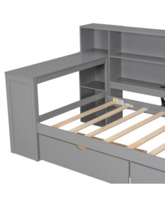 Twin Platform Bed w/ Storage, LED, Desk, Charging, Upholstered Headboard